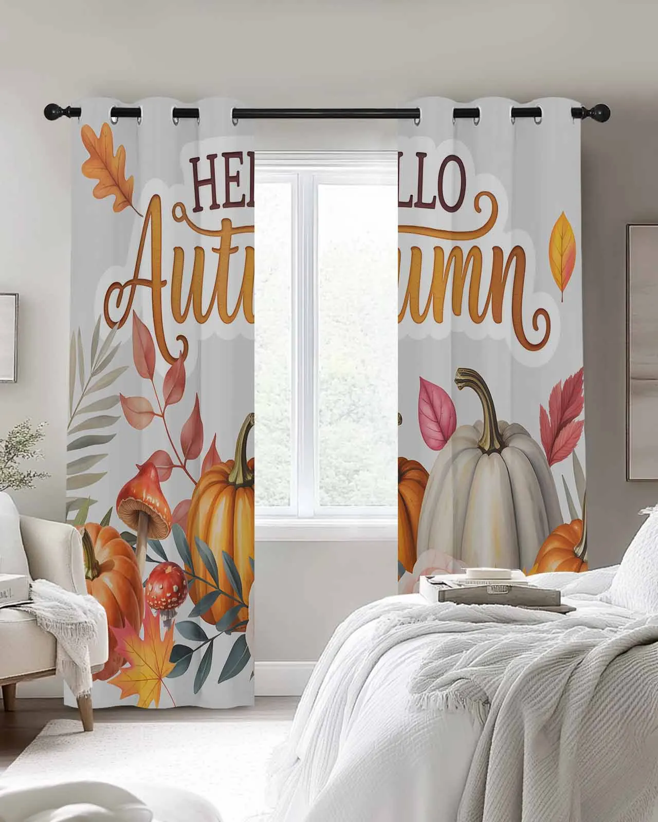 

Window Curtains for Living Room Pumpkin Mushroom Hello Autumn Letter Curtains for Child Bedroom Kitchen Decor Blinds Drapes