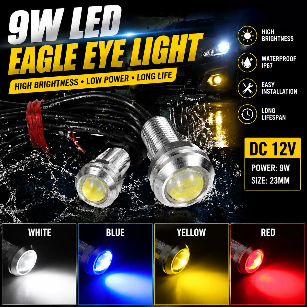 Ultra Thin Double Layer LED Eagle Eye Light 9W Cat Eye Lamp for Car Motorcycle Waterproof Reverse Light Anti Glare