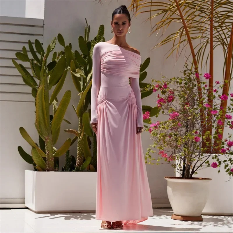 

2025 New Off The Shoulder Long Sleeve Women's Evening Dress Fashionable Pleated Bandage Gown Pink Blue Backless Slim Party Skirt