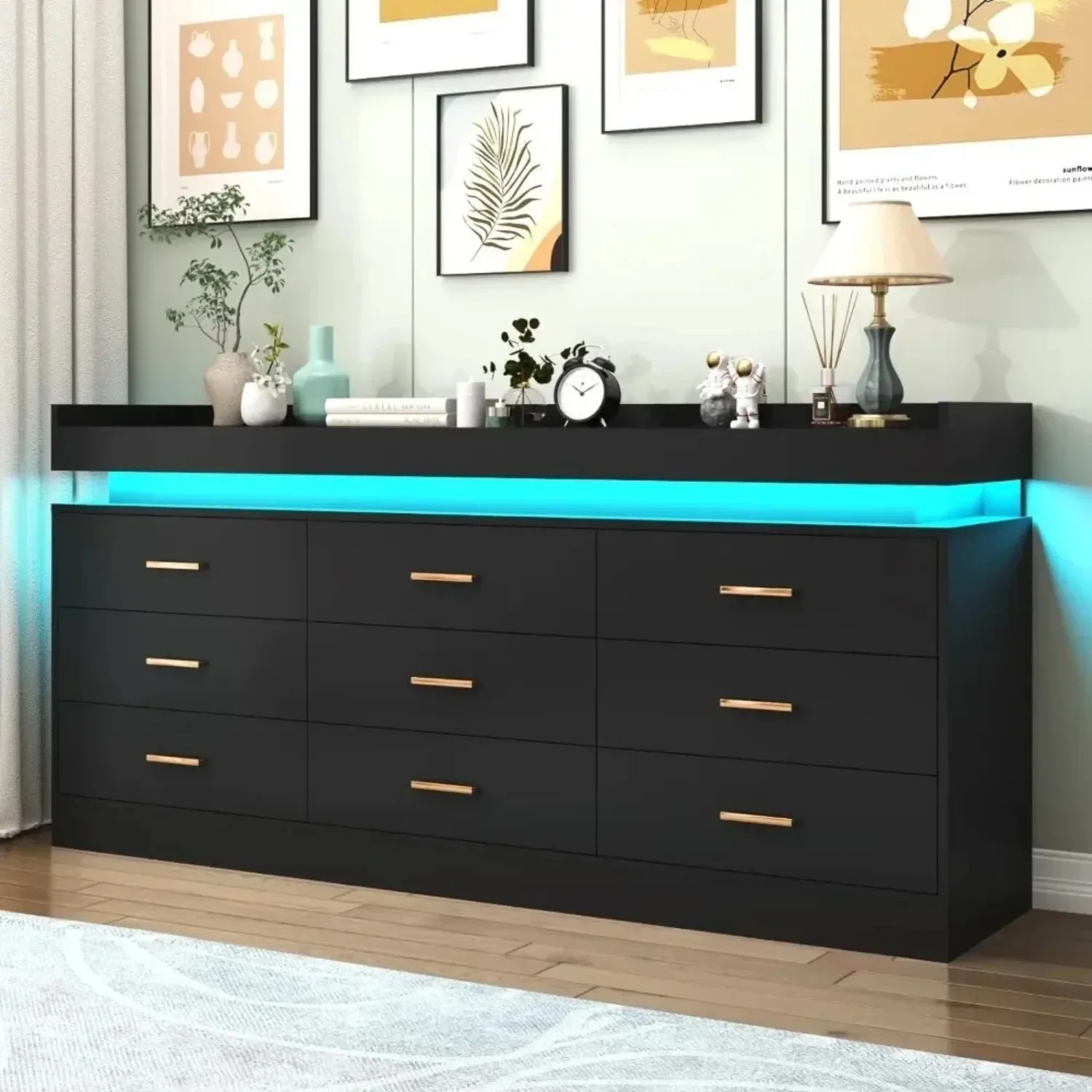 9 Drawer Dresser w/ LED Light & Charging Station, Modern Chest of Drawers for Closet, Wide Drawer Organizer Cabinet( Black)