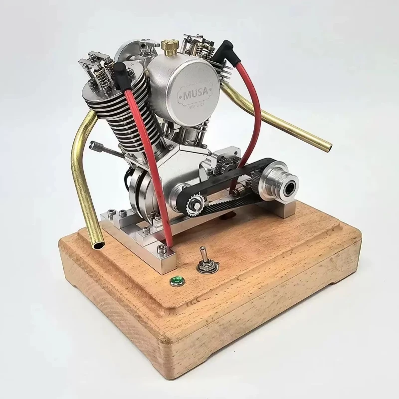 MUSA V2 Retro Gasoline Engine Model Kit Can Start Metal Stainless Steel Twin Cylinders 4 Stroke Engine with Wooden Base