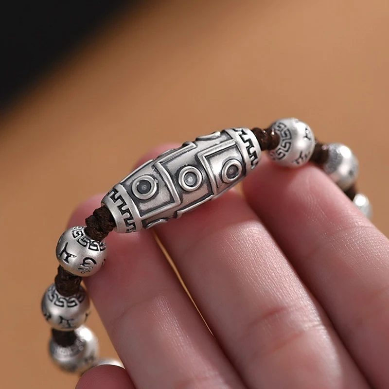 

Vintage Beaded Domineering Silver Bracelet for Men Lucky Six-Character Mantra Buddha Wrist Bead Chain Men Party Jewelry Gift