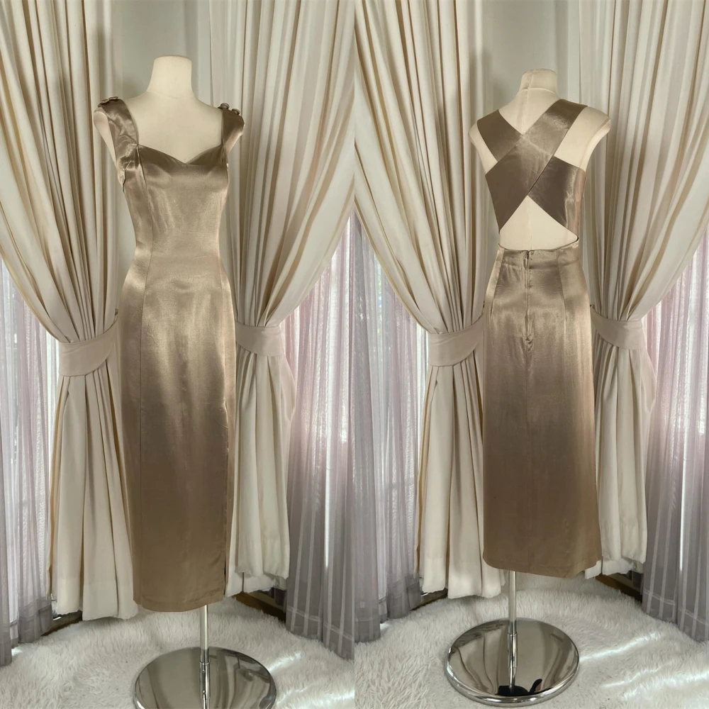 

Customized Delicate champagne Satin Evening Dress Elegant Graceful Square Collar Short Sleeves Lace Up Back Celebrity Gowns