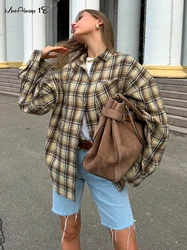 Mnealways18 Vintage Shacket Oversized Gingham Blouses And Tops Womens Dropped Shoulder Plaid Shirts Street Style Pockets Casual