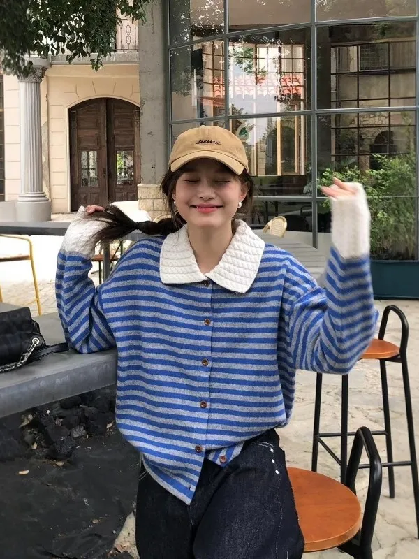 

Женский вязаный свитер свободного кроя с длинными рукавами, в полоску, повседневная верхняя одежда для осенне-зимнего сезона