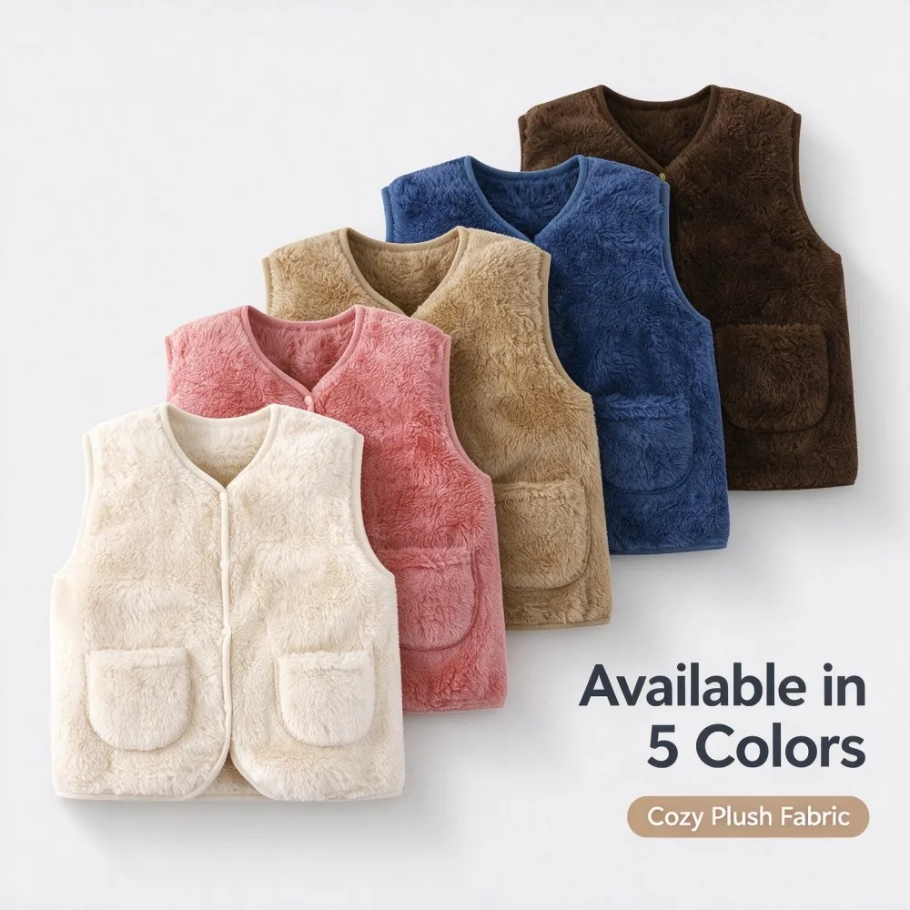 Autumn Winter Baby Plush Vest V-Neck Snap Closure Waistcoat Kids Soft Fleece Sleeveless Gilet With Pockets Child Casual Layering