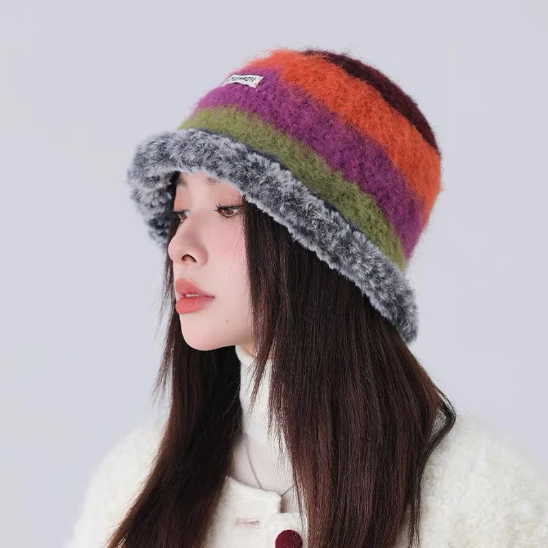 Japanese New Gradient Wool Vintage Color Stripe Beanies Women Handmade Crochet Beanie Thick Warm Knitted Hat Winter Bucket Hat