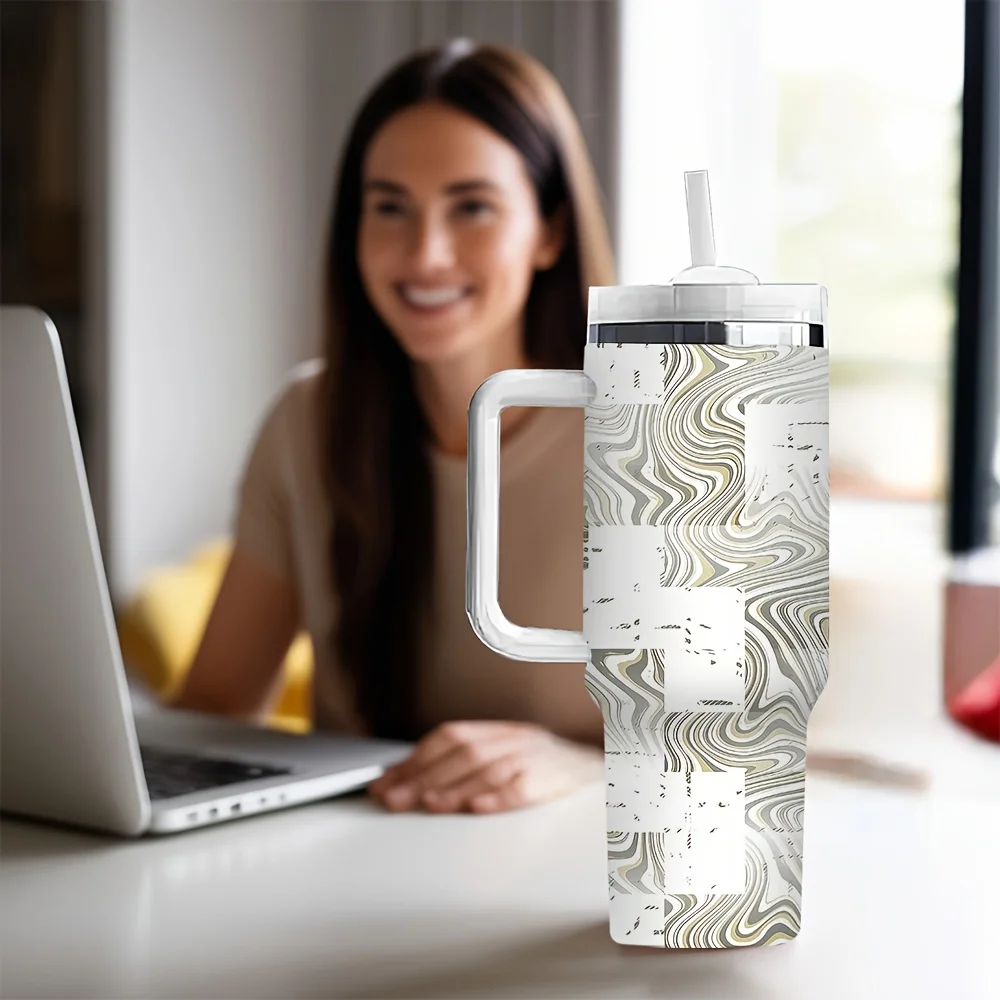 Modern Abstract Distressed Block Wavy Pattern Printed Insulated Travel Tumbler with Convenient Handle And Reusable Drinking Straw view 2