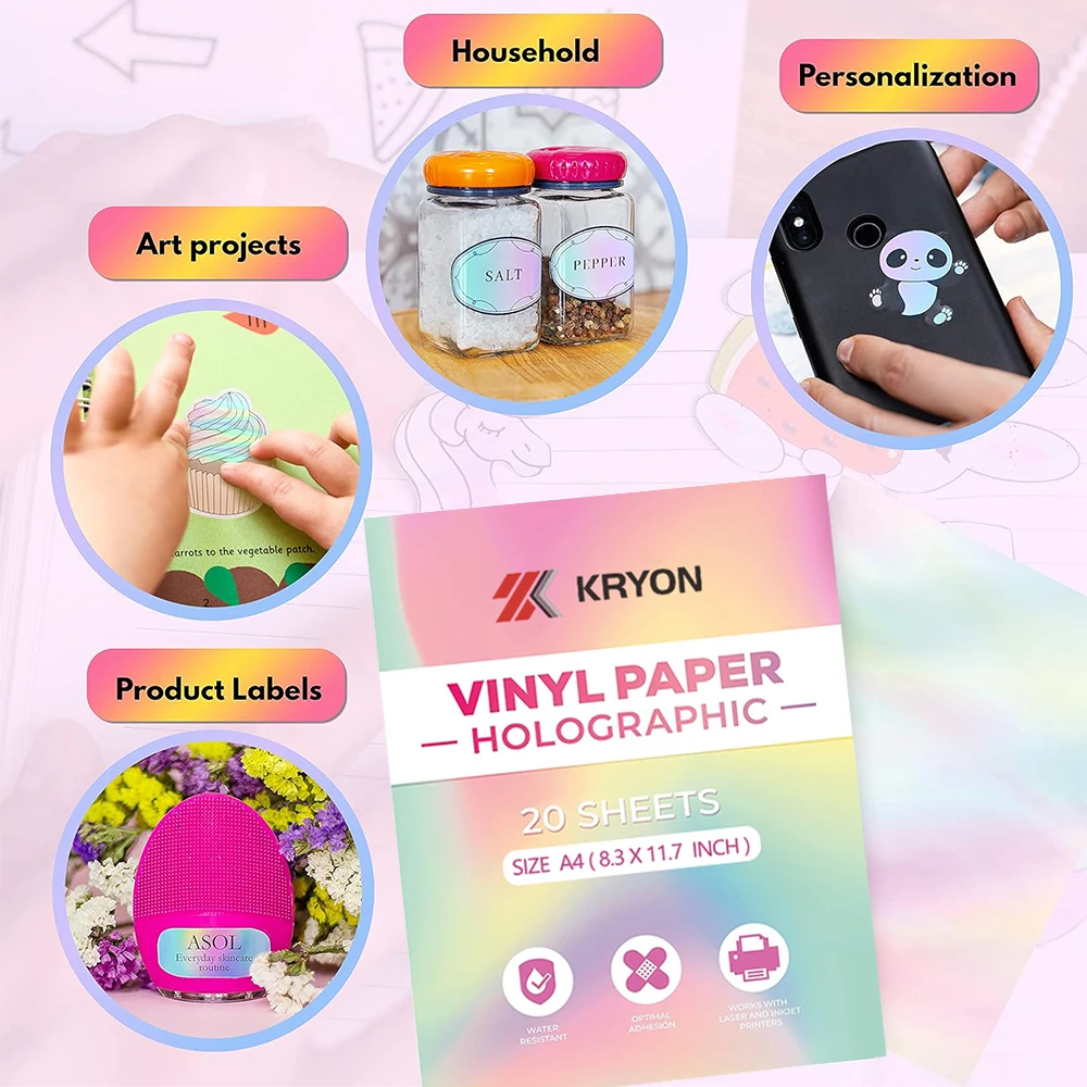 20 ورقة - صفائح لاصقة من الفينيل بألوان قوس قزح - مقاس A4 (8.3 × 11.7 بوصة)، ذاتية اللصق، مقاومة للماء، متوافقة مع طابعة النافثة للحبر والليزر