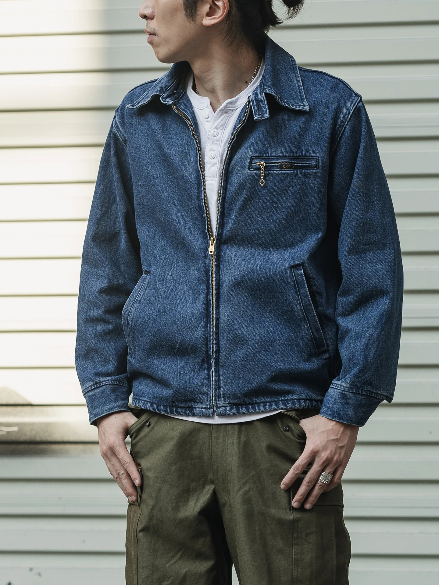 

Повседневная джинсовая куртка с наклонной полоской на 3 унции, хлопковая верхняя одежда, винтажная повседневная одежда без подкладки на молнии с застежкой-стойкой