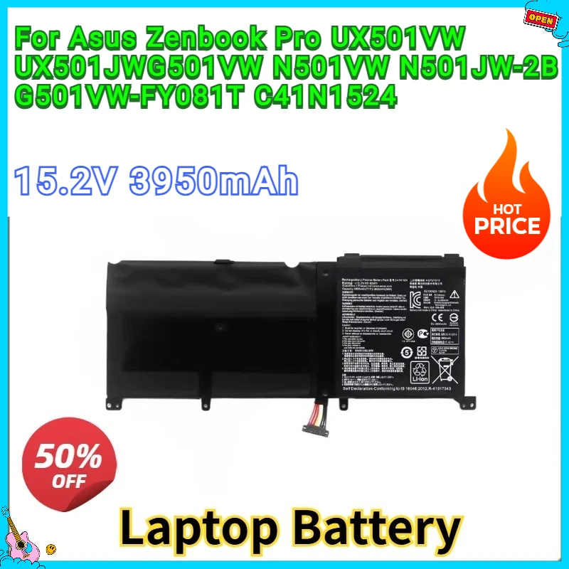 

New Replacement Laptop Battery 15.2V 3950mAh C41N1524 For Asus Zenbook Pro UX501VW UX501JW G501VW N501VW N501JW-2B G501VW-FY081T
