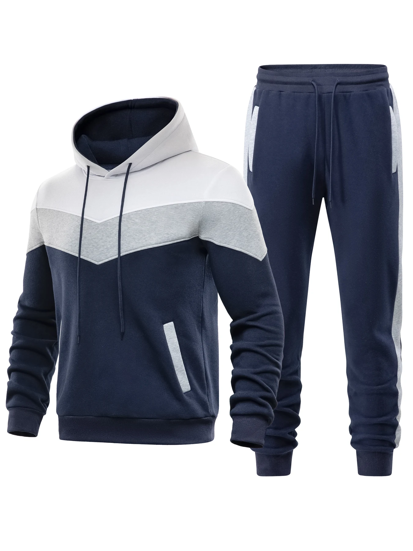 Men\'s Sweatsuits 2 Pieces Set Casual Hoodie Outfit Contrast Color Blocks Sports Jogging Pullover Tracksuit Set