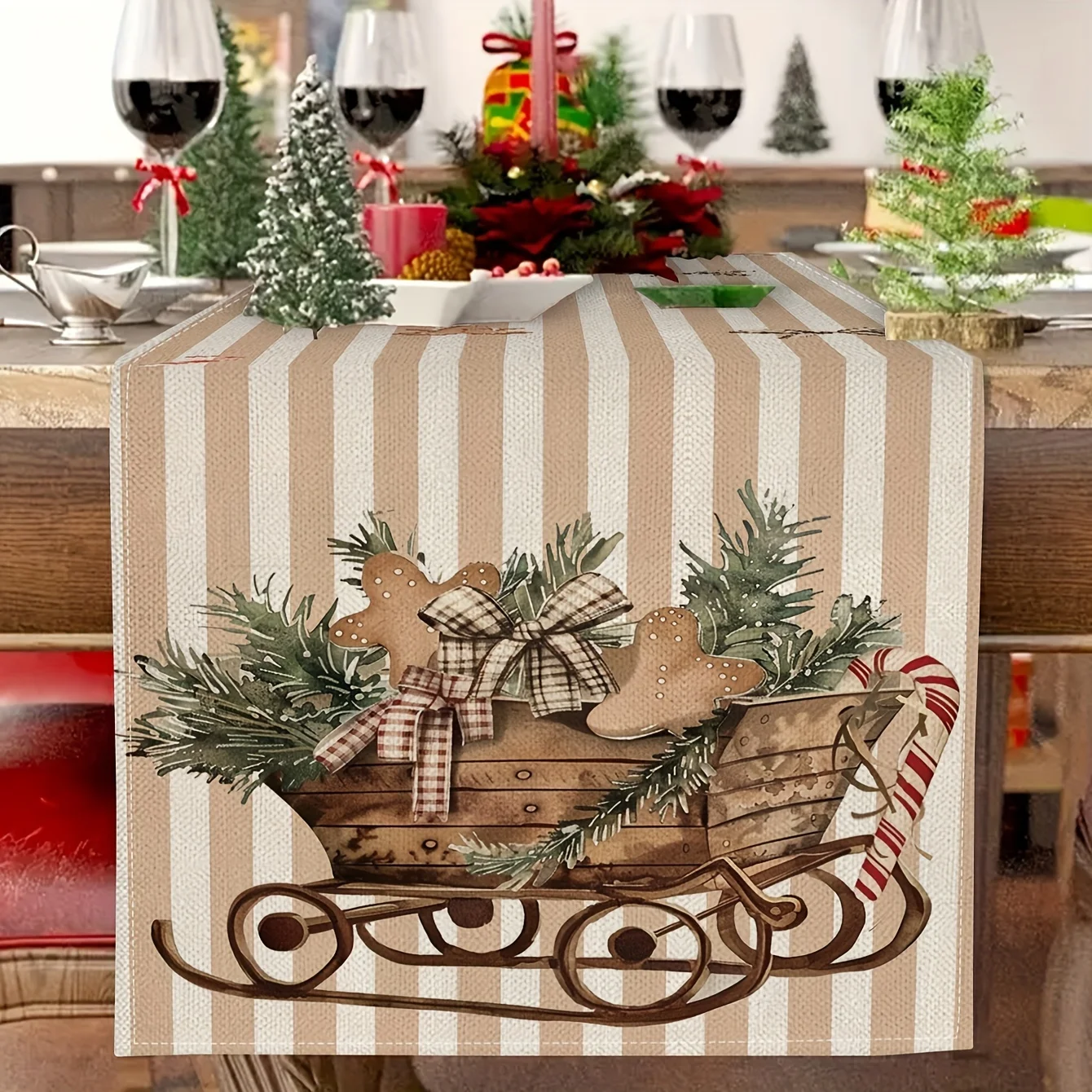 1PC Retro Christmas Carriage Tablecloth Rectangular Design with Santa Reindeer Festive Home Decor for Holiday Party Accessories