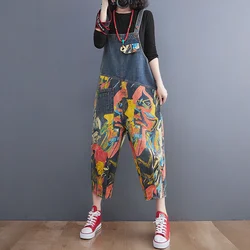 #2310 Spring Summer Printed Jeans Jumpsuits Women Loose Vintage Denim Jumpsuits Female Loose High Waisted Overalls Calf-length
