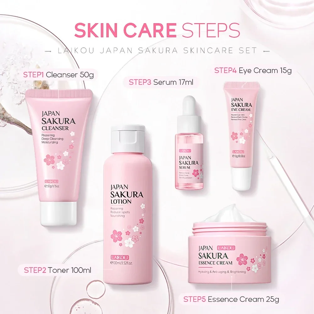 Sakura Face Care Set Facial Cleanser Oil Control Nourishing Face Serum Face Cream Fade Dark Circles Eye Cream Skincare Products