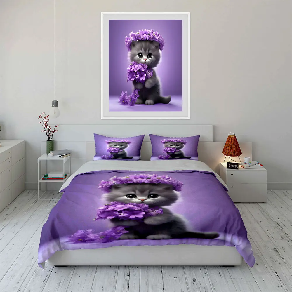 Cat adorned with purple flowers Print Bedding Set 1 Duvet Cover 2 Pillowcases for Adult and Children Luxury Gift Full Size 4
