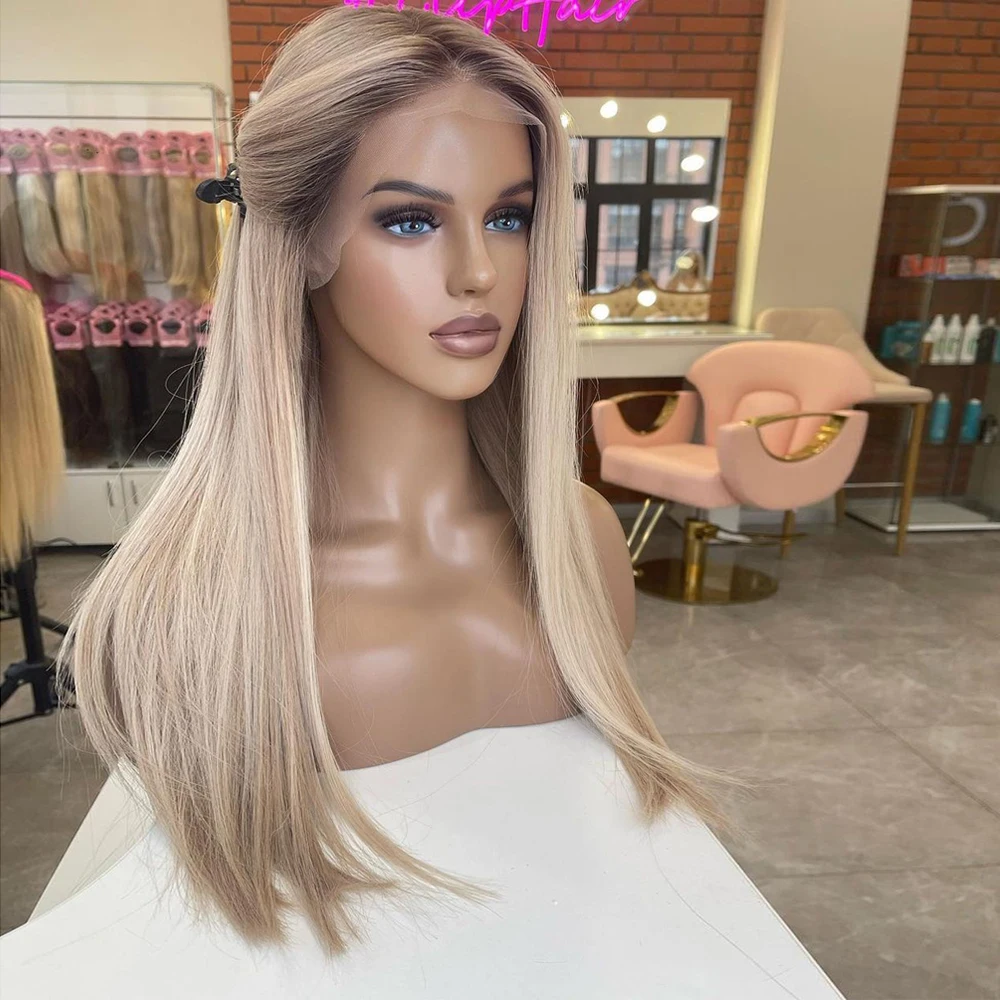 

Virgin Brazilian Human Hair Full Lace Wigs Light Ash Blonde 13x6 HD Lace Frontal Wig Natural Roots Straight Human Hair Wigs