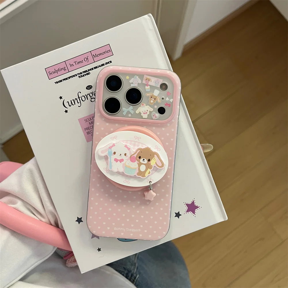

Korean Little Love Dessert Rabbit Magnetic Phone Case for iPhone 17 Pro 13 14 15 16 Pro Max Cover With Magsafe Stand Cute Cases