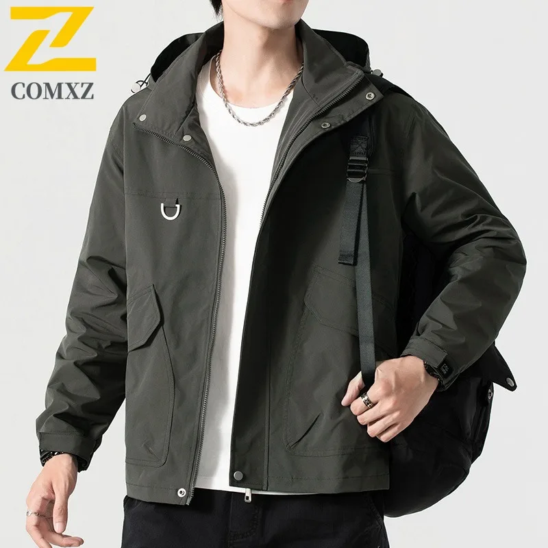 COMXZ Men Hooded Jacket New Lightweight Outdoor Windproof Adventure Fly Fishing Camping Hunting Jackets Multi Pocket Autumn Coat