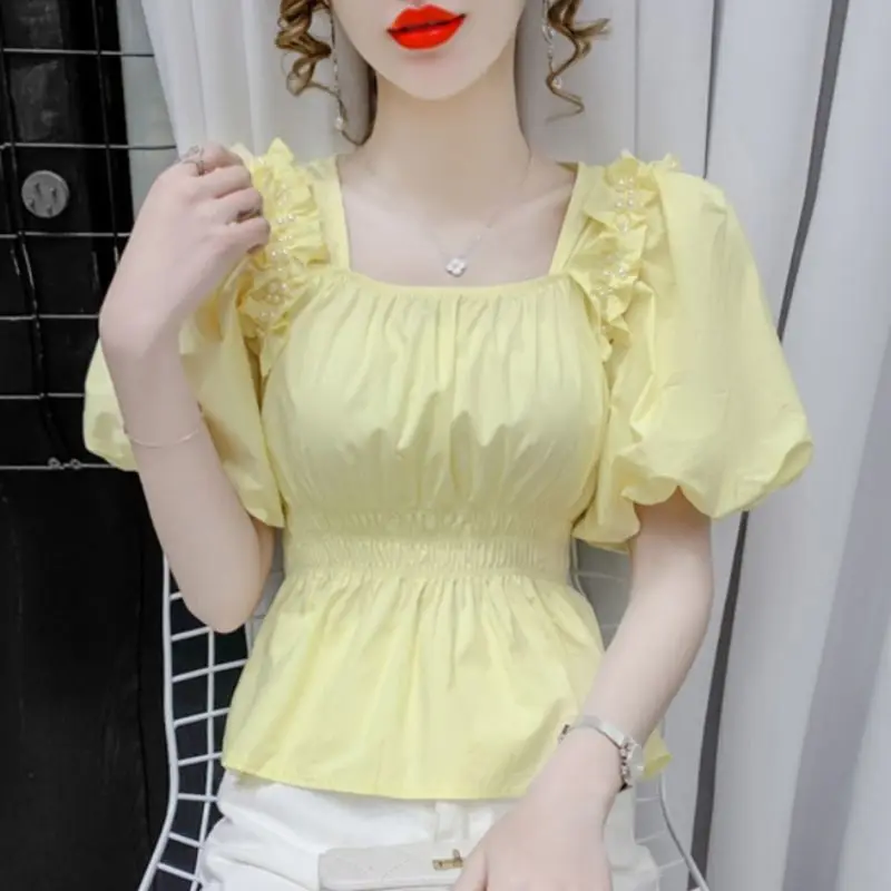 Sweet Ruffles Beading Shirring Puff Sleeve Blouse Female Clothing 2023 Summer New Oversized Casual Tops Office Lady Shirt