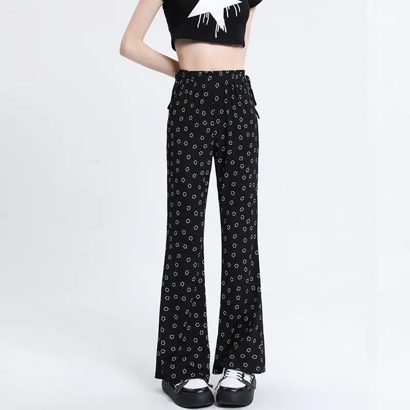 

Smiling Face Print Women Casual Flare Pants Spring Autumn New Fashion All-match Bandage High Waist Slim Harajuku Black Trousers