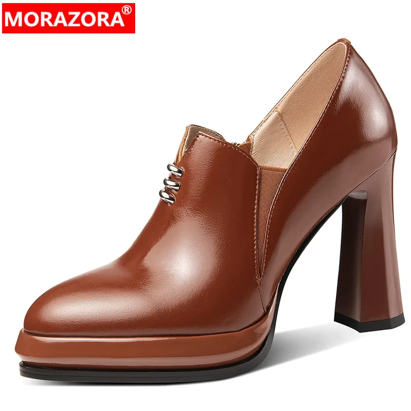 

MORAZORA 2024 New Classics Genuine Leather Women's Shoes Office Ladies Platform Pumps Zipper Thick High Heels Shoes