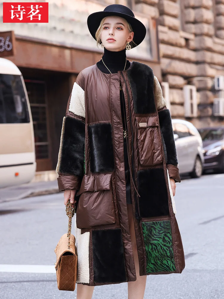 Winter Tuscany Sheep Fur Women\'s Coat Fur Scarf Collar White Goose Down Coat