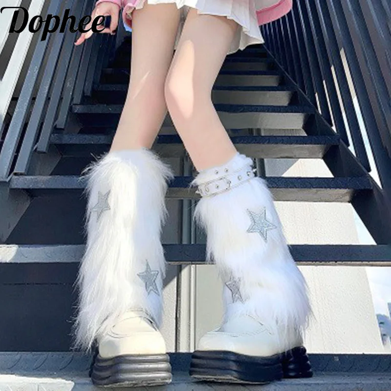 

Dophee Y2k White Furry Sock Covers Rivet Leather Leg Ring Spice Girls Stars Subculture Faux Fur Calf Stockings JK Leg Warmers