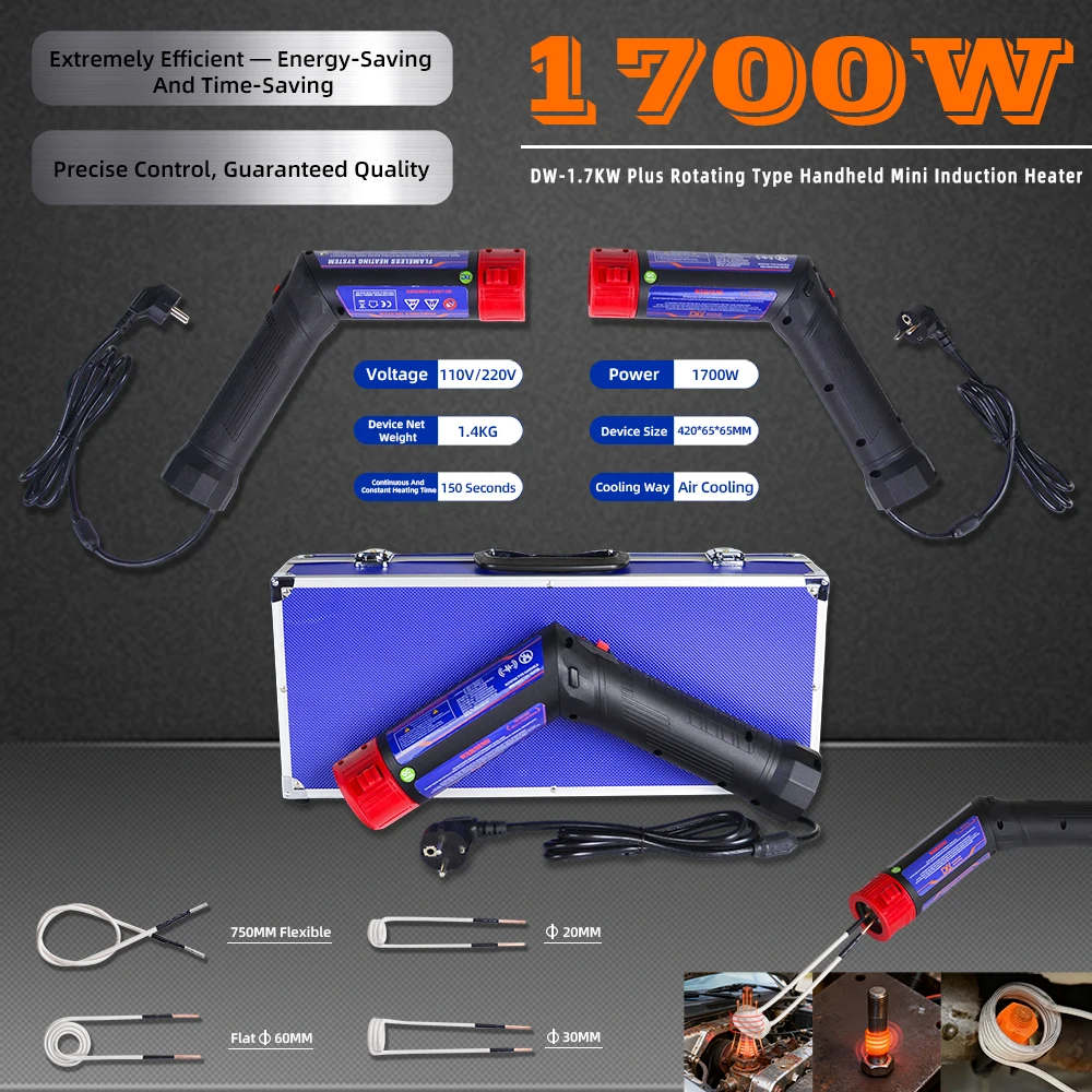 1700W Handheld Induction Heater Rotating Magnetic Flameless Heating Machine 4 Coils for Rusty Screw & Bolt Removal