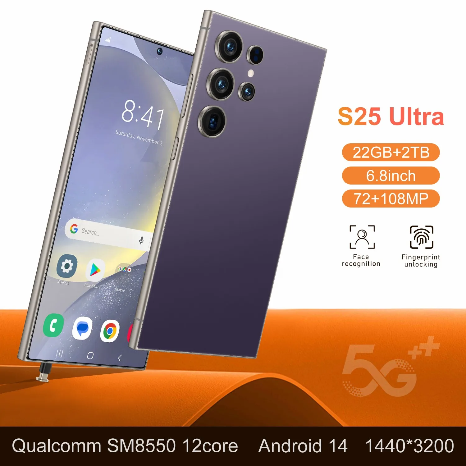 New 2025 S25 Ultra 6.8-inch smartphone 22G+2TB 5G Battery 8000mAh Android 14 camera 72MP+108MP Fingerprint unlock