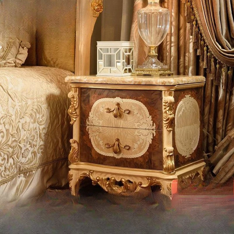 

European solid wood carving flower bedside table gold bedroom storage