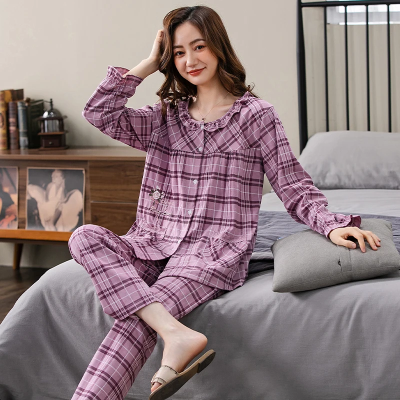 Women O-Neck Cardigan Nightwear Suit Autumn Long Sleeve Plaid Print Pajamas Casual Tracksuit Homewear Big Yards Pijamas Mujer
