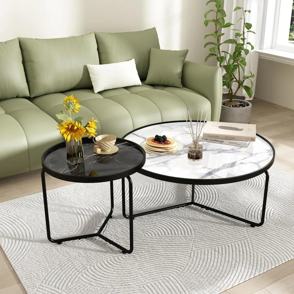 Round Glass Coffee Table Set of 2, with Sturdy Metal Frame,Cocktail Table with Classic White and Black Faux Marble Tray Top