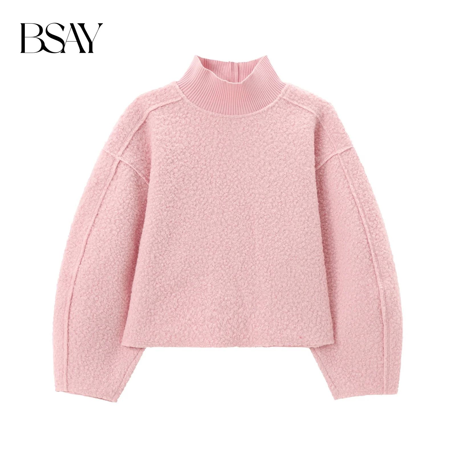 BSAY سترة نسائية موضة خريف وشتاء 2024 جديدة فضفاضة بلون سادة وأكمام طويلة وياقة ثابتة بلوفر نسائي أنيق
