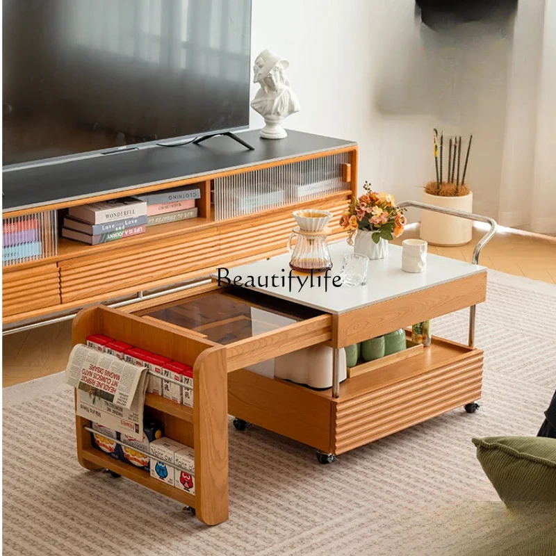 

Solid wood enclosure to make tea, movable and retractable tea cabinet, Japanese cherry wood rock slab small tea table