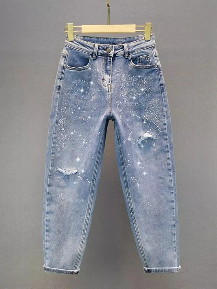 Jeans Rhinestone Washed Ripped Distressed Women Summer New High Waist Loose Slimming Harem Slouchy Baggy Casual Trousers