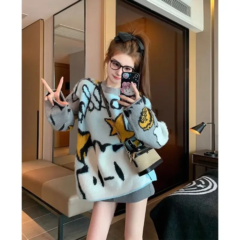 Gagarich Fashion Women Fun Graffiti Hoodie Sweater Autumn Winter Thick Milk Fu Fu Lazy Style Knitted Inner Pullover Top