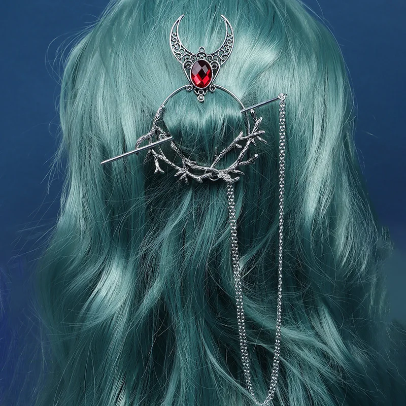 Horquilla de cristal con piedras preciosas de imitación de rama de media luna, accesorios para el cabello de bruja única vikinga Retro, horquilla de estilo nórdico escandinavo, regalo de cumpleaños para el Día de San Valentín para novia