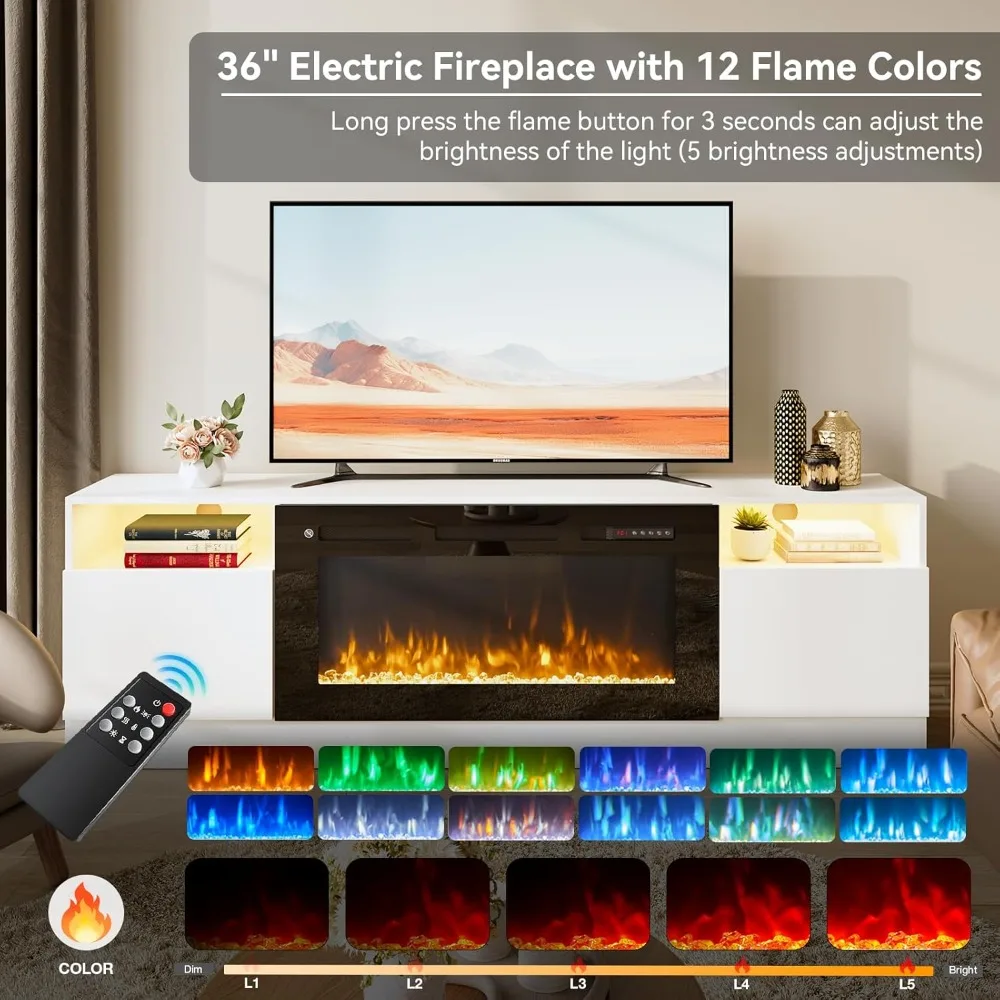 70인치 TV 스탠드와 36인치 전기 벽난로, 대형 모던 미디어 엔터테인먼트 센터, 수납장 및 12색 LED 포함