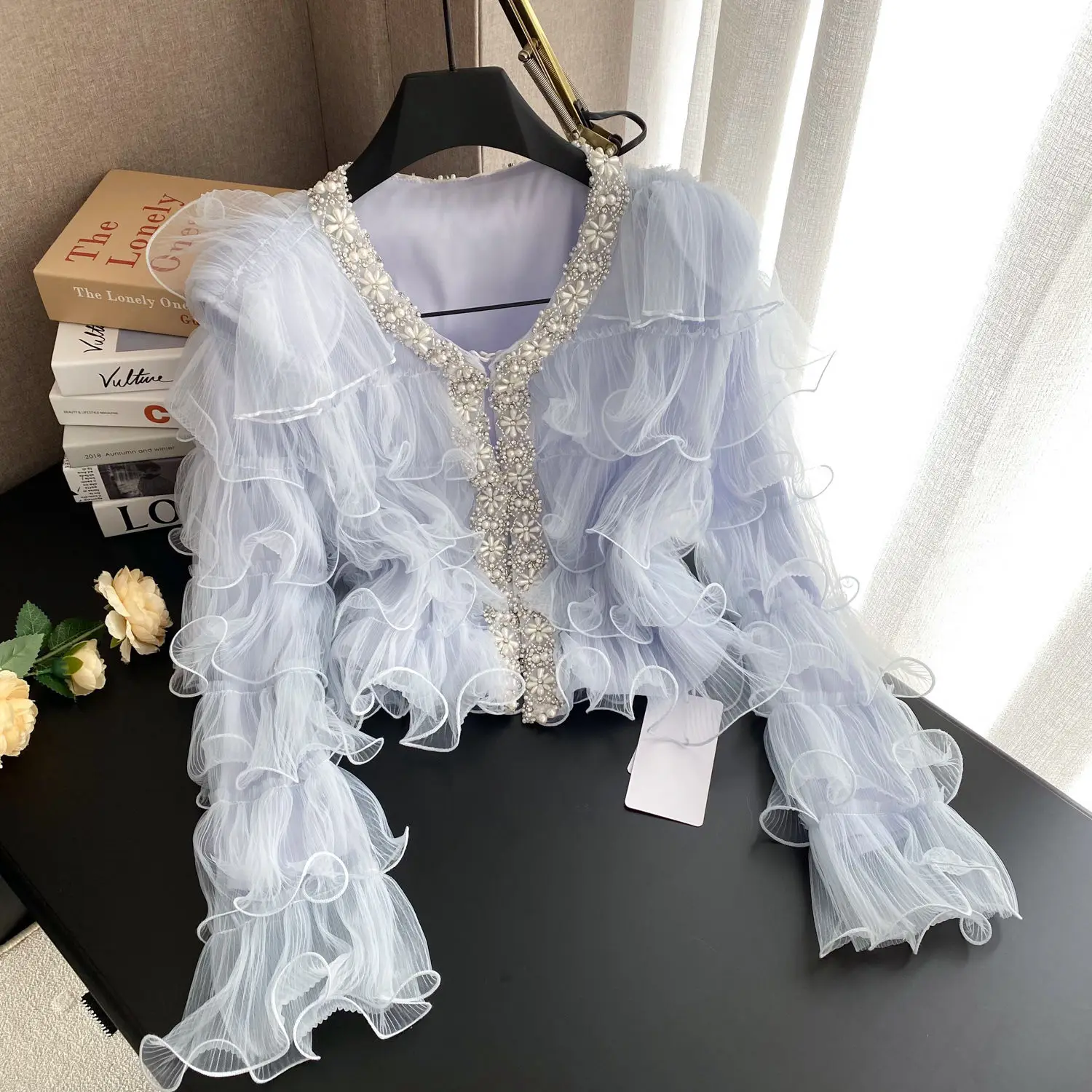Luxury Women Pearls Diamonds Beads Mesh Ruffles Edge Jacket V-neck Gauze Pleated Ruched Coat Net Yarn Multi-Layers Cardigan Tops