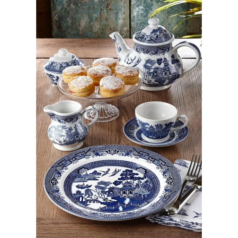 Kitchen Dishes Blue Willow Plates Bowls Cups 20 Piece Dinnerware Set Dish Made in England Complete Tableware Plates Dinner Sets