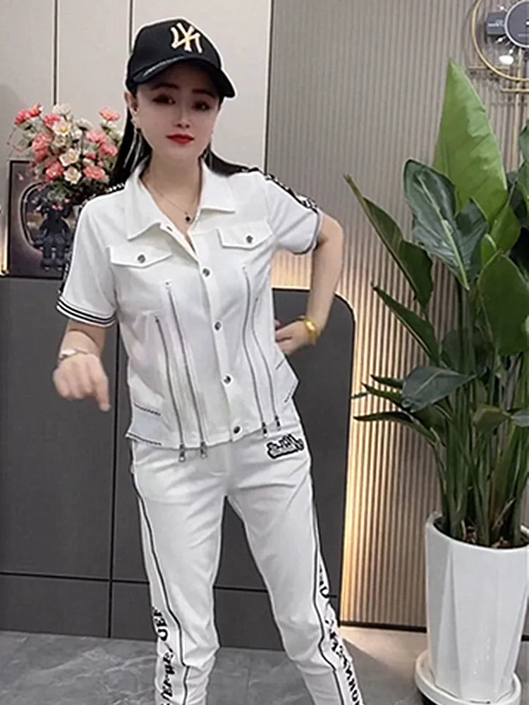 

2025 women new personalized trendy letter zipper top nine inch ankle pants summer casual commute confort two piece set