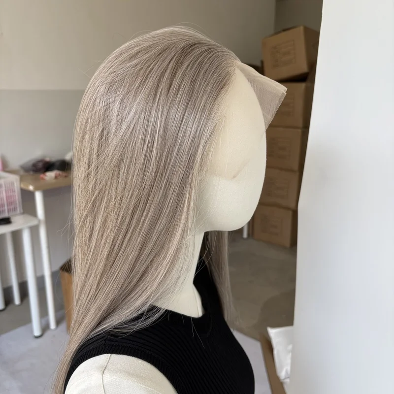 Synthetic Hair Heat Resistant Mix Grey Layered Long Straight Lace Frontal Wigs