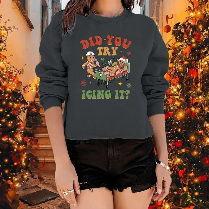 

2024 New Autumn/Winter Casual Funny Cookies Xmas Printed Sportswear Women's Soft Round Neck Women's Retro Hoodie Casual Top