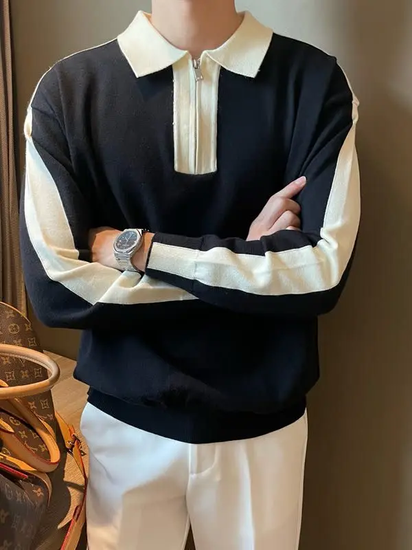 

Autumn Winter Men's Long Sve Zipper Collar Knitted Sweater Base irt Color Blo Warm Casual Sle Polyester Fiber