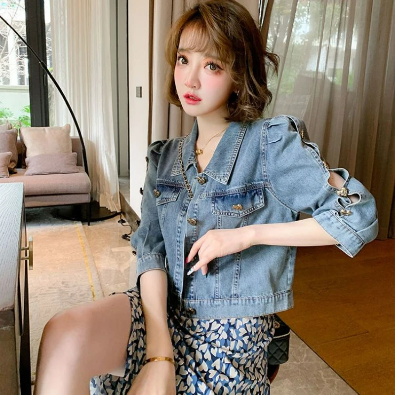 Vintage Short Denim Jacket Women's Spring and Summer New Korean Version Loose and Versatile Sleeve Cut-out Jacket Denim Jacket