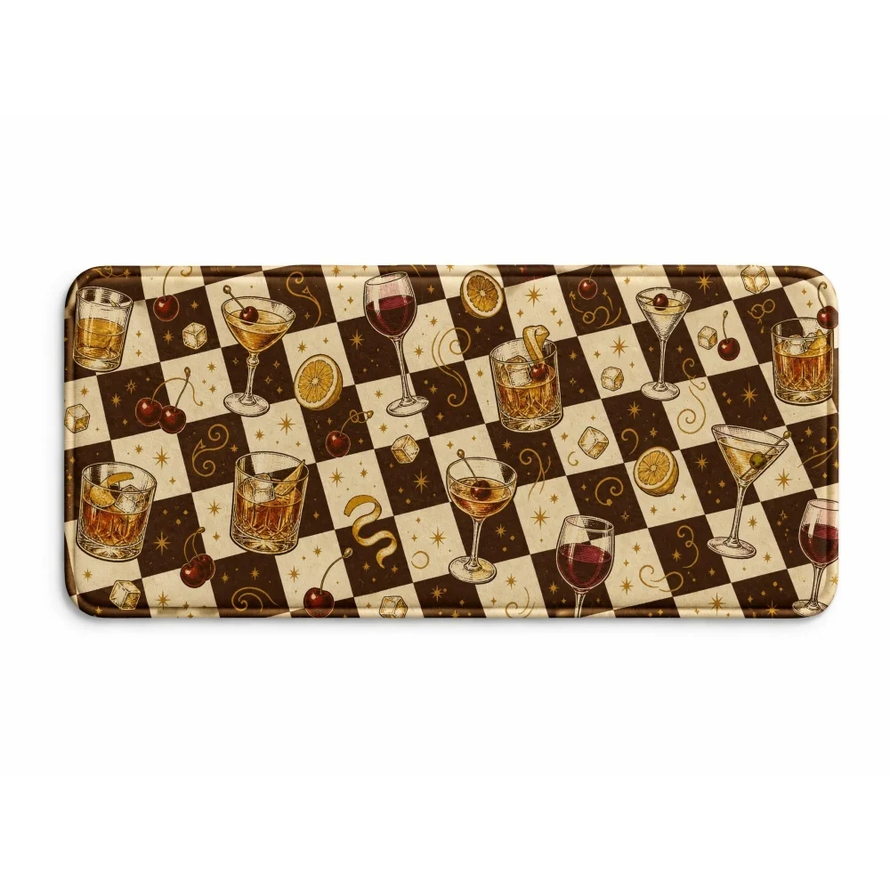 Vintage Checkered Cocktail Wine Glass Print Flannel Runner Rug, Retro Bar Style Non-Slip Floor Mat, Living Room Bar Decor Carpet