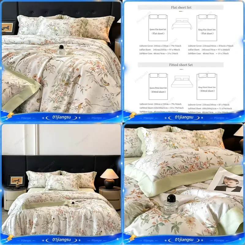 Luxury Floral Botanical Bedding Set Lyocell Eucalyptus Fiber Soft Silky Duvet Cover Flat Fitted Sheet Pillowcase 4Pcs Home