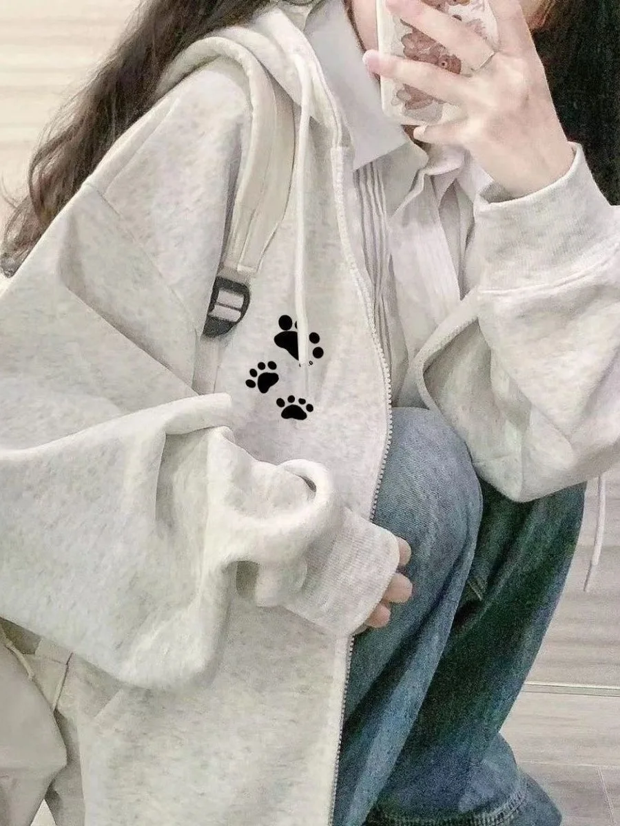 韓国 Sle Lazy Dog Paw Print パーカー レディース ルーズフィット オープン カーディガン セーター トレンディ 秋冬 新着