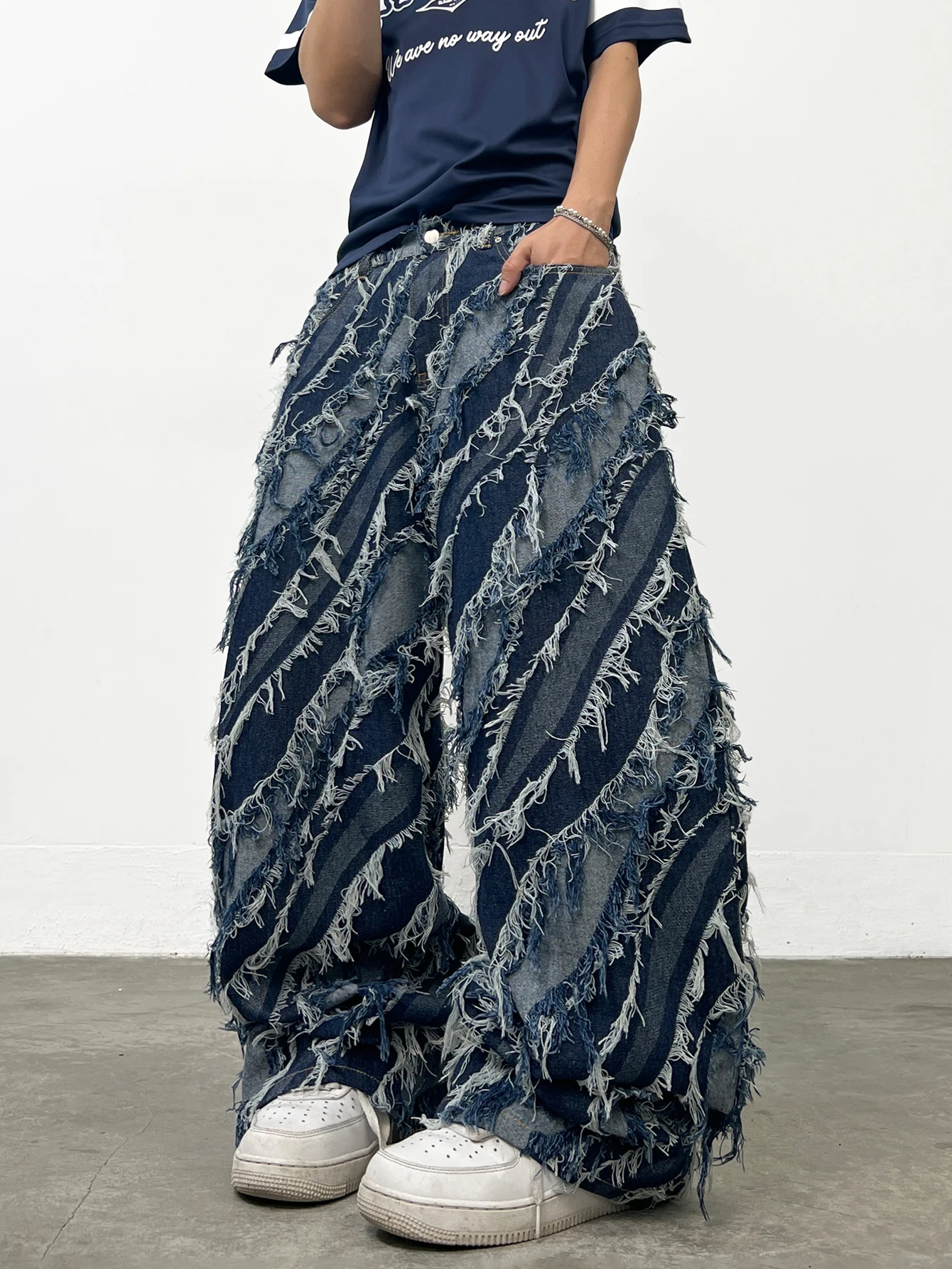 Men's American Retro Wavy Tassel Raw Edge Blue Baggy Jeans Y2K Street Hip-Hop Skateboard Style Fashion Versatile Wide-Leg Pants